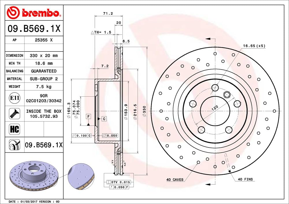 Brembo Xtra 09.B569.1X - Disco Freno Forato Posteriore, Set di 2