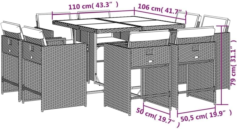8 Piece Wicker Rattan Set with Cushions Table Chairs Outdoor Patio Furniture Conversation Sets for Backyard Porch Balcony Poolside Garden