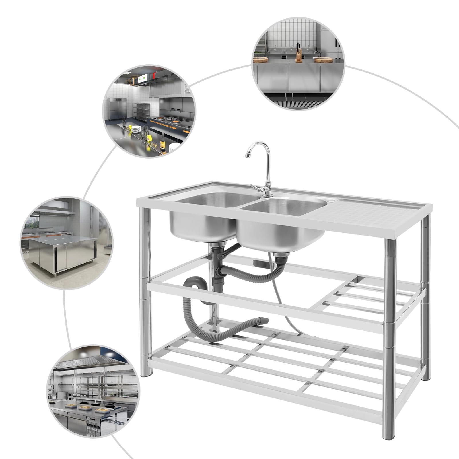 Lavello da cucina in acciaio inox, a 2 vasche a 3 livelli, autoportante, con rubinetto, per ristorante, campeggio, 120 x 45 x 80 cm, con accessori e scolapiatti