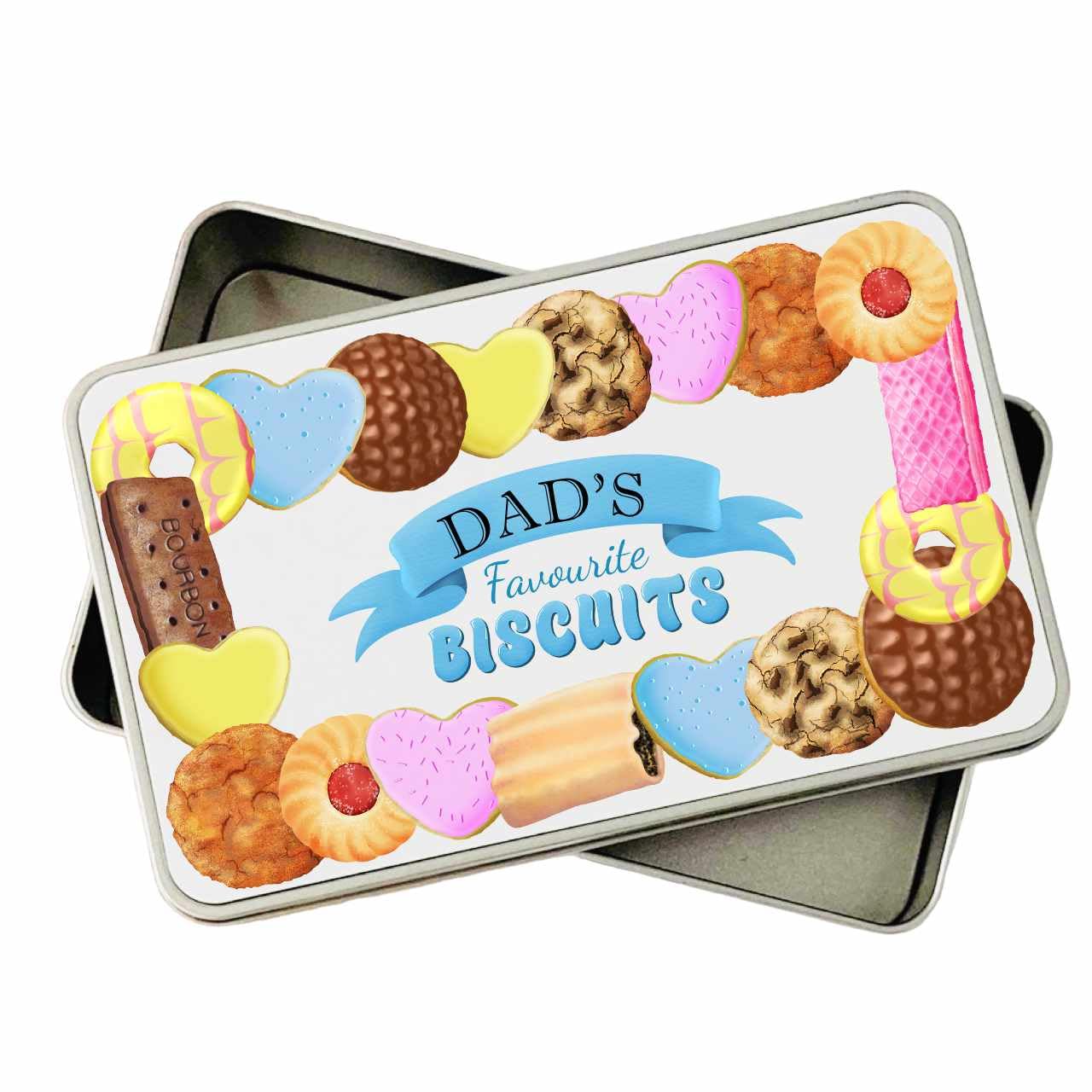 Personalised Biscuit Tin gift for mum dad nana grandad friend teacher with cute biscuit design custard cream, bakewell