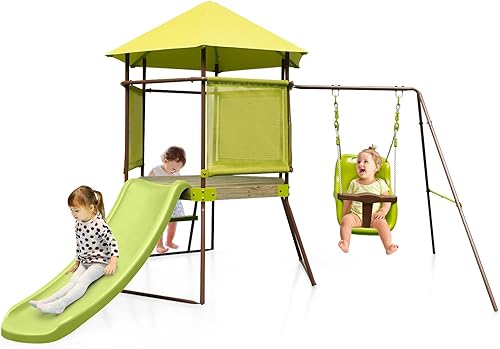 Miniatura 9 de Costzon Juego de columpios de 450 libras para patio trasero, juego de columpio de metal resistente 7 en 1 con tobogán, cubierta superior con toldo,