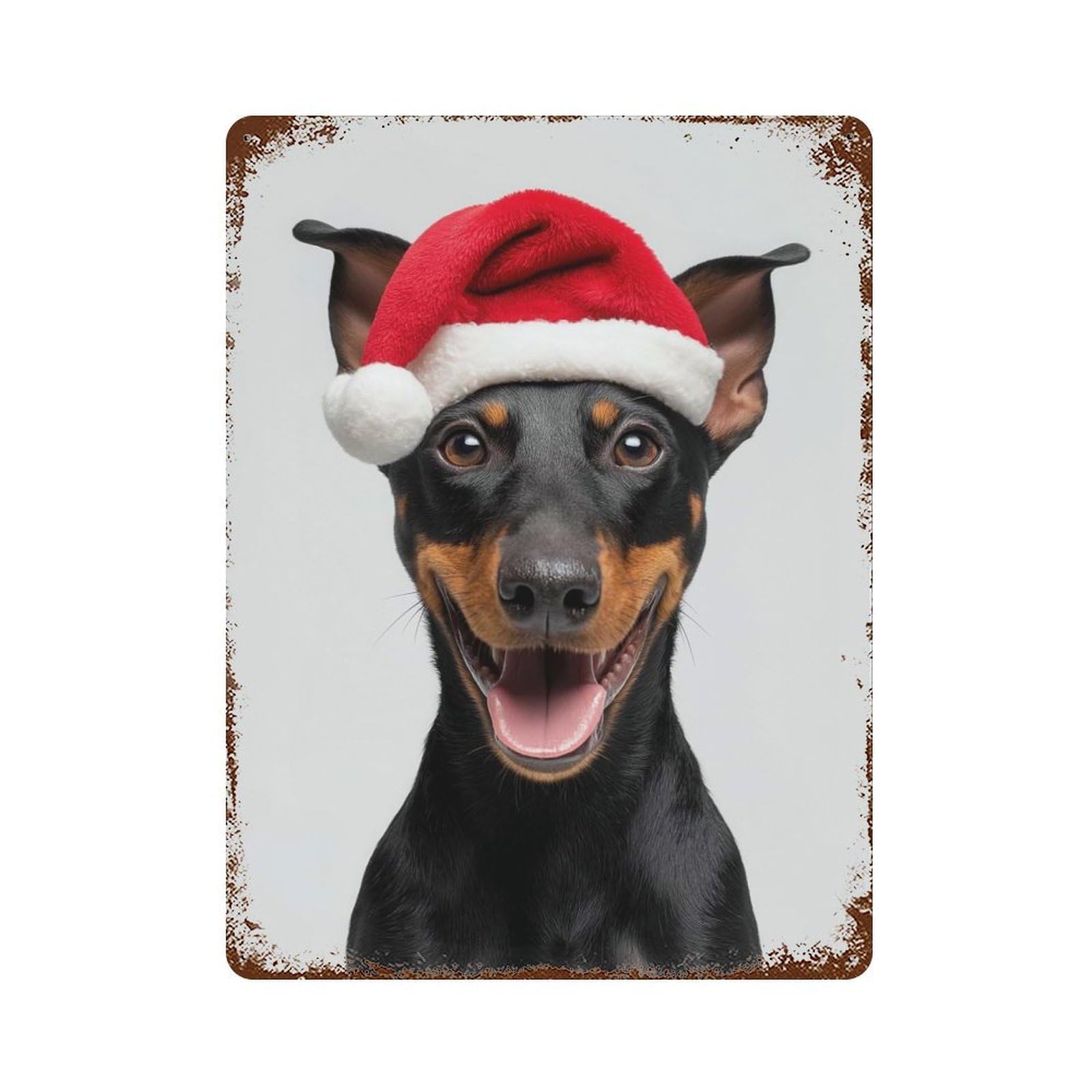 Manchester Terrier Dog with Santa Hat Portrait Rusty Metal Tin Sign 15.7"x11.8", Ideal for Patio, Garden Room And Bar Decor