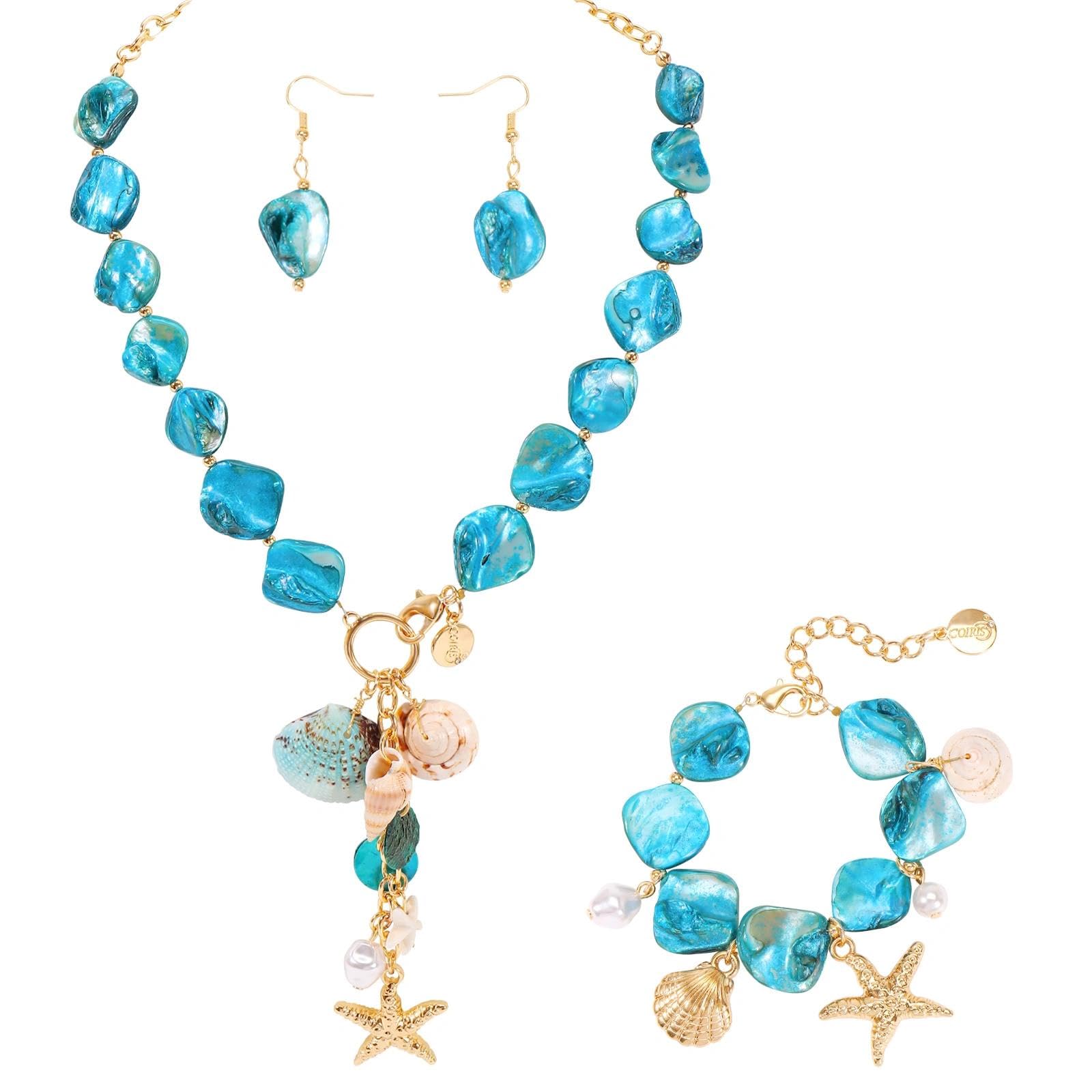 Coiris Natural Seashell Choker Necklaces Earrings Jewelry Set for Women Starfish Shell Freshwater Pearl Collar Necklaces for Women Irregular Mother of Pearl Jewelry Set