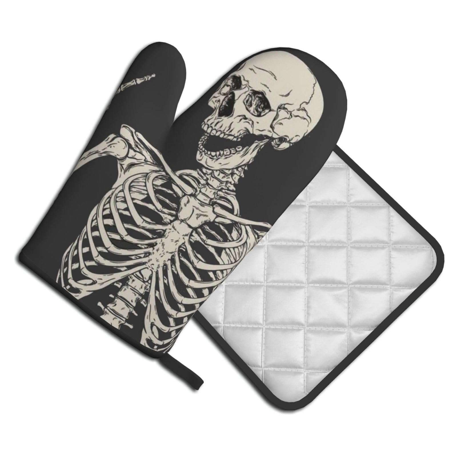 Oven Mitts and Pot Holders Set of 2 Pcs, Skull Rock Roll Skeleton Bone Printed Heat Resistant Kitchen Gloves Potholders for Cooking Baking Grilling