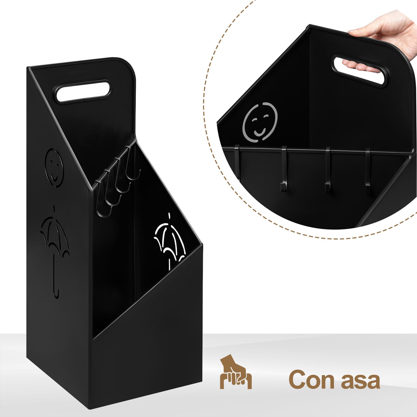 WOLTU Paragüero con 4 Ganchos, Soporte de Paraguas con 2 Zonas Separadas, Paragüero de Metal Antioxidante, Huecos de Paraguas y Sonrisa, para Recibidor y Entrada, Negro, SST14an