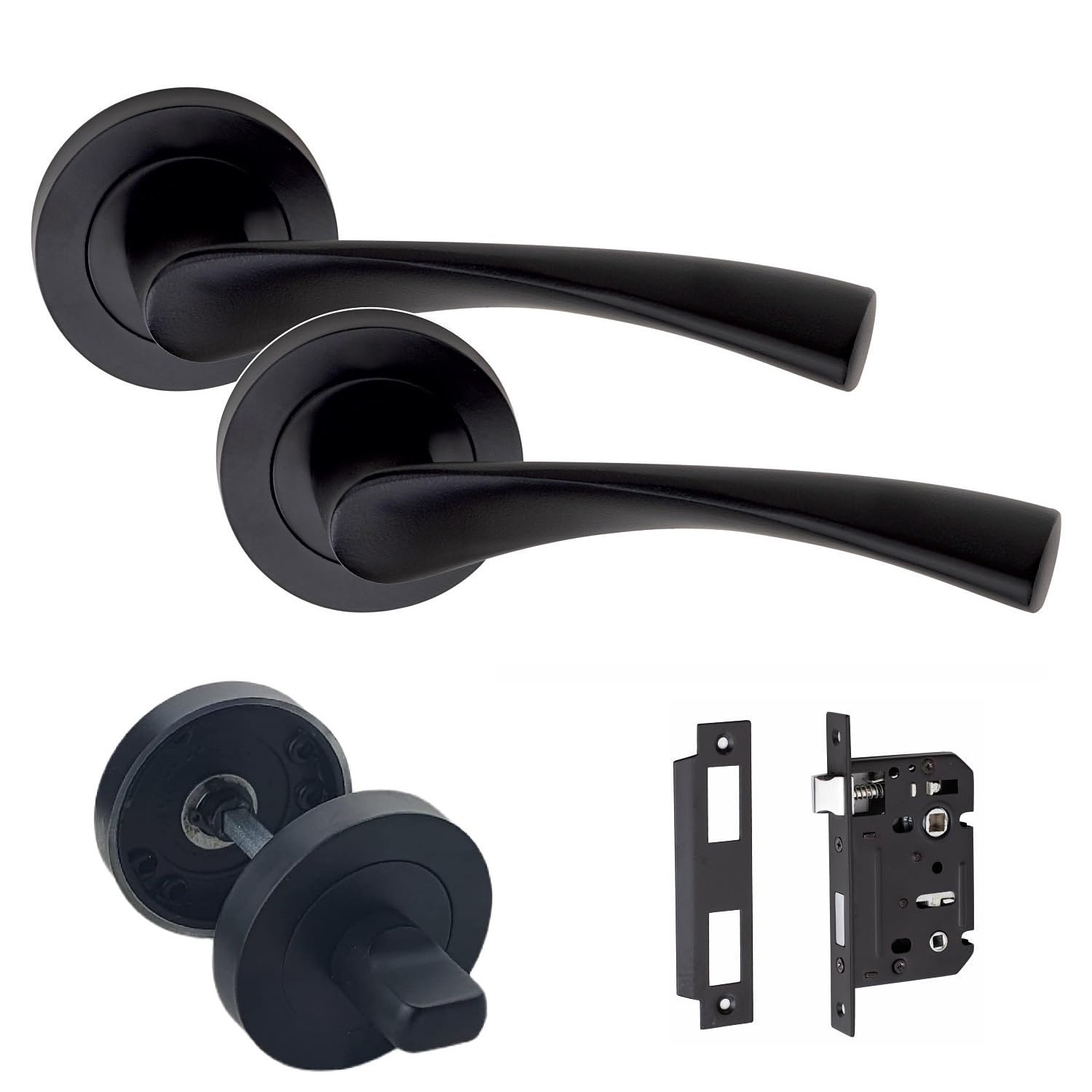 Golden Grace Astrid Design Bathroom WC Toilet Door Handles Set on Round Rose in Matt Black Finish with 64mm Bathroom Mortise Lock & Thumbturn