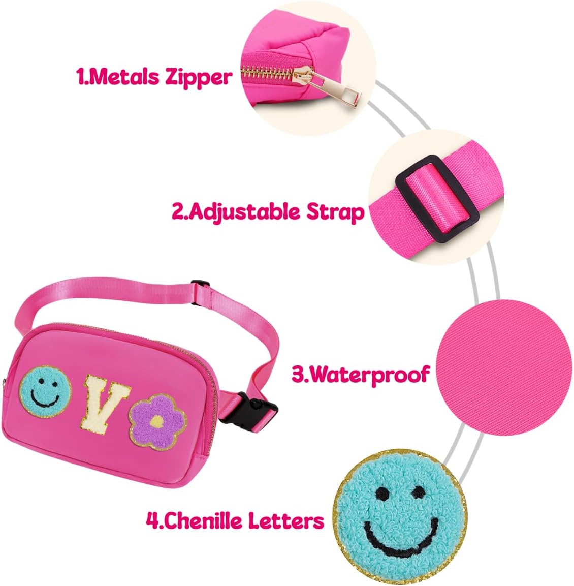 Fanny Pack for Girls Pink Kid Crossbody Bag Chenille V Letter Preppy Belt Bag, Christmas Birthday Easter Gifts for Teen Daughter Sister, Personalized Nylon Purse for 4 5 6 7 8 9 10 Year Old Girls - Image 3