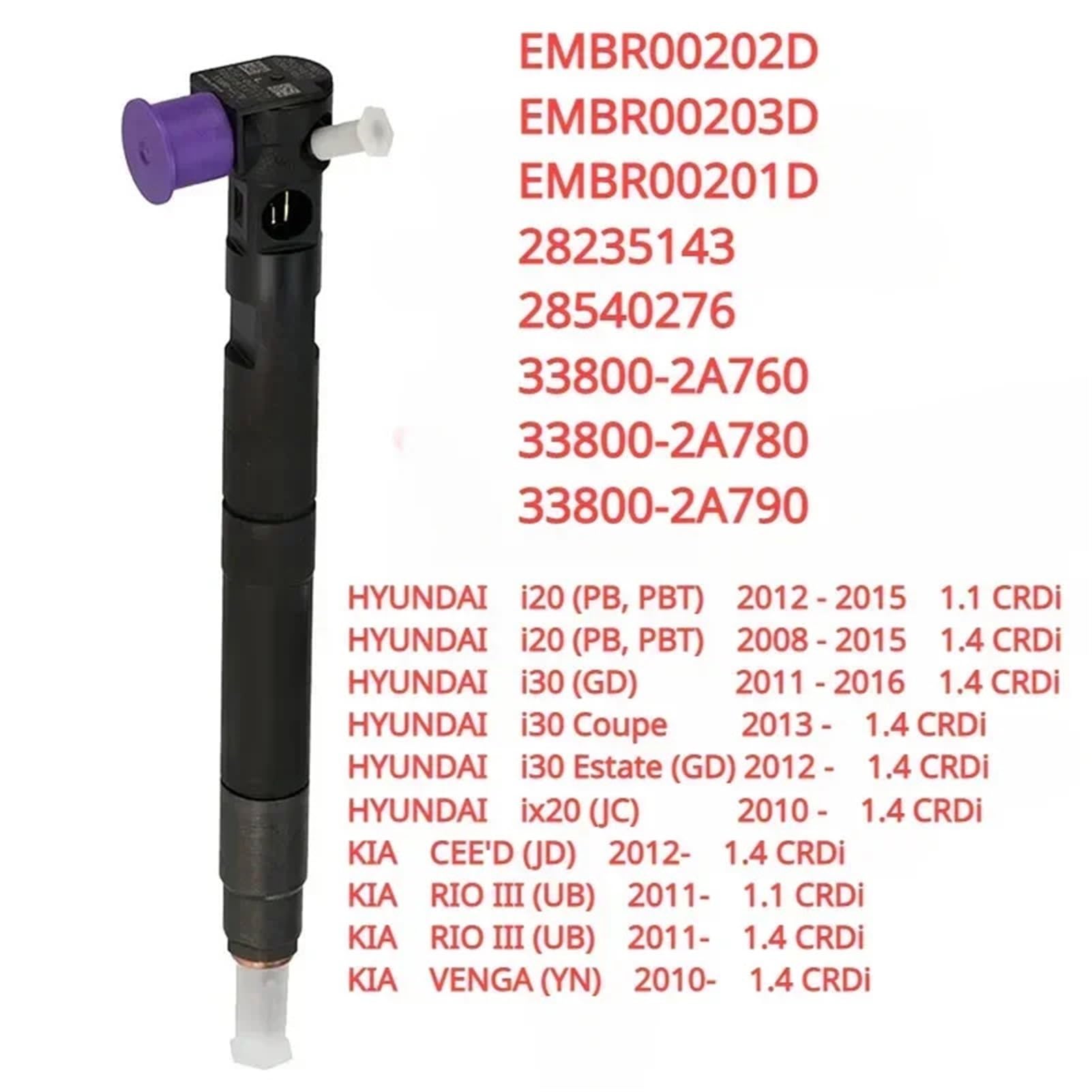 Inyector de combustible diésel compatible con Hyundai i20 i30 ix20 KIA Ceed Rio Venga 1,4 CRDi EMBR00203D 338002A760 338002A780