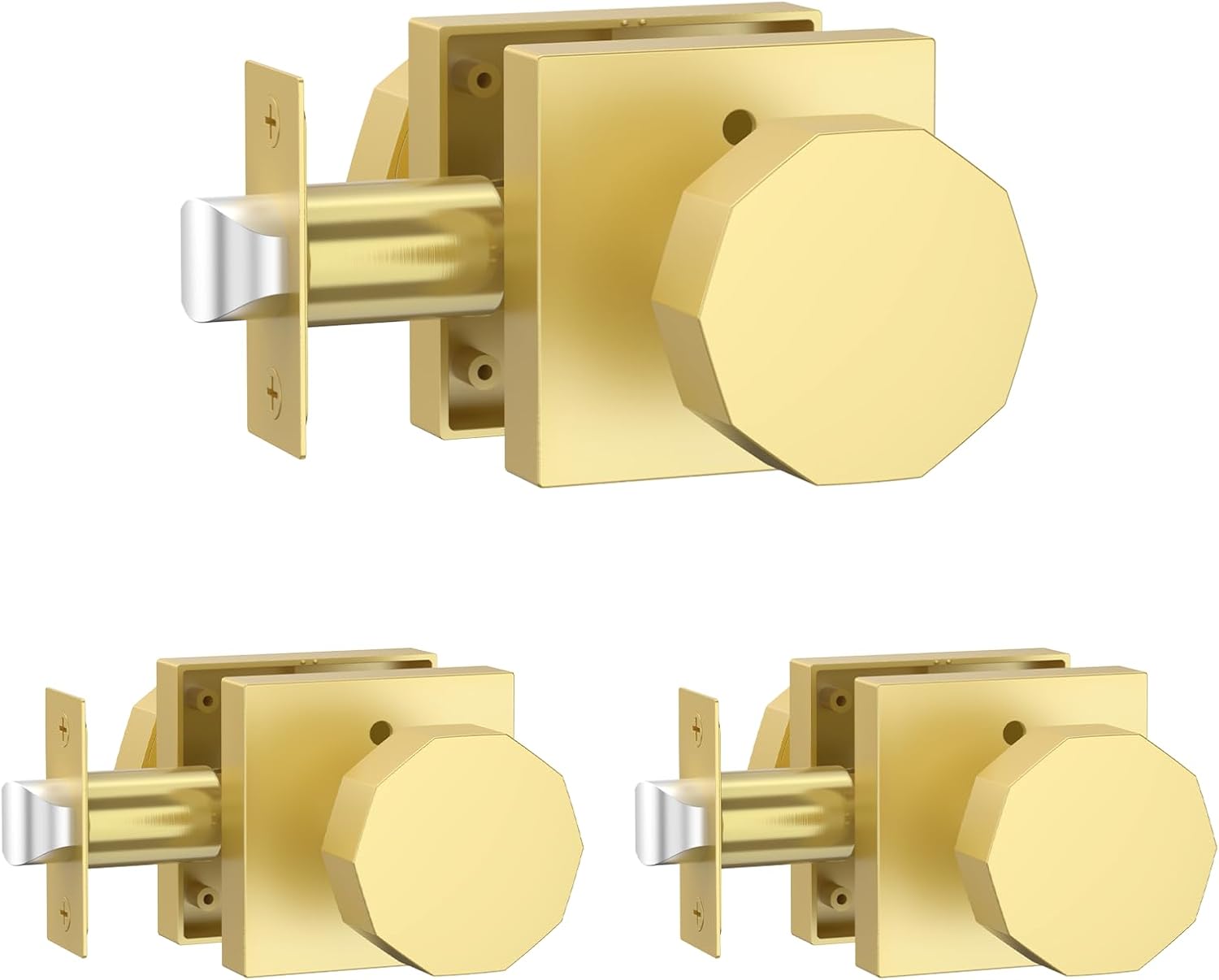 Amerdeco 3 Pack Privacy Door Knobs,Brushed Gold Door Knobs Interior,Heavy Duty Bedroom and Bathroom Door Locks Square Base Round Door Knob AM0026