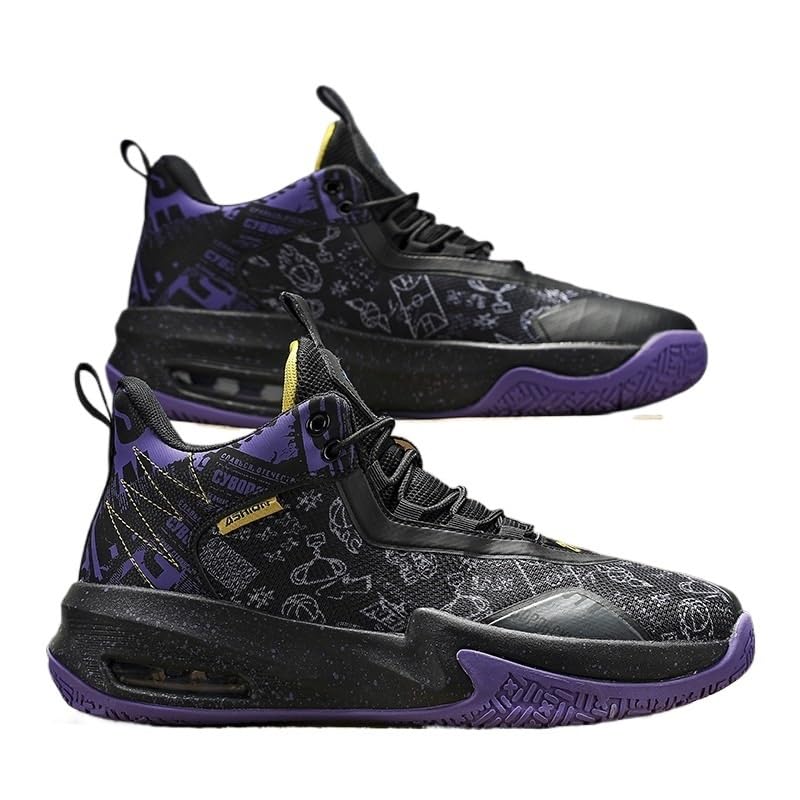 Voguerra Chaussures De Basket Montantes For Garçons, Baskets Rembourrées Avec Maintien Respirant For L'entraînement Sportif Des Jeunes Fans De Basketball(Beige Purple,35 EU