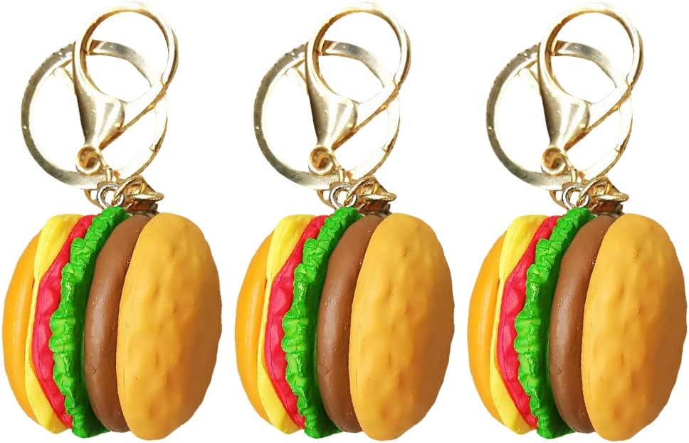 LUOZZY 3pcs Hamburger Keychains, Resin Hamburger Key Ring Cheeseburger Key Chain Simulation Food Pendant Keyring