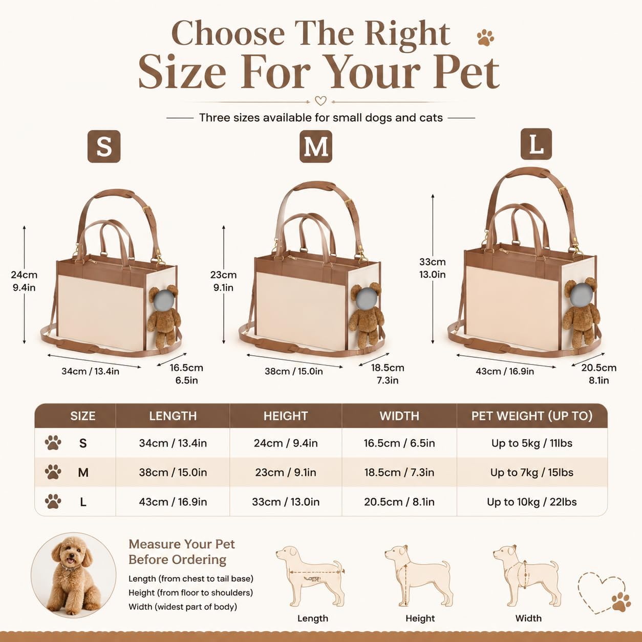 Bolso transportín para Perros Estilo Osito de Peluche, Bolso Multifuncional 2 en 1 con Orejas peludas y Ventana de visualización para Paseos y recados (M)