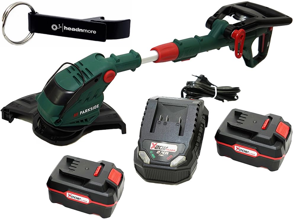 HEADNMORE® Bundle – 1 x podkaszarka do trawy Parkside® PRTA 20 / przycinarka do krawędzi trawnika + 1 x breloczek do kluczy HEADNMORE® (akumulator 2 x 4 Ah)