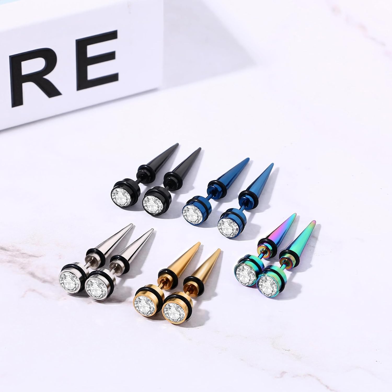 Aroncent 12PCS Stainless Steel Fake Tapers Mens Earrings Illusion Tunnel Cheater Piercing Jewelry Set for Men Women