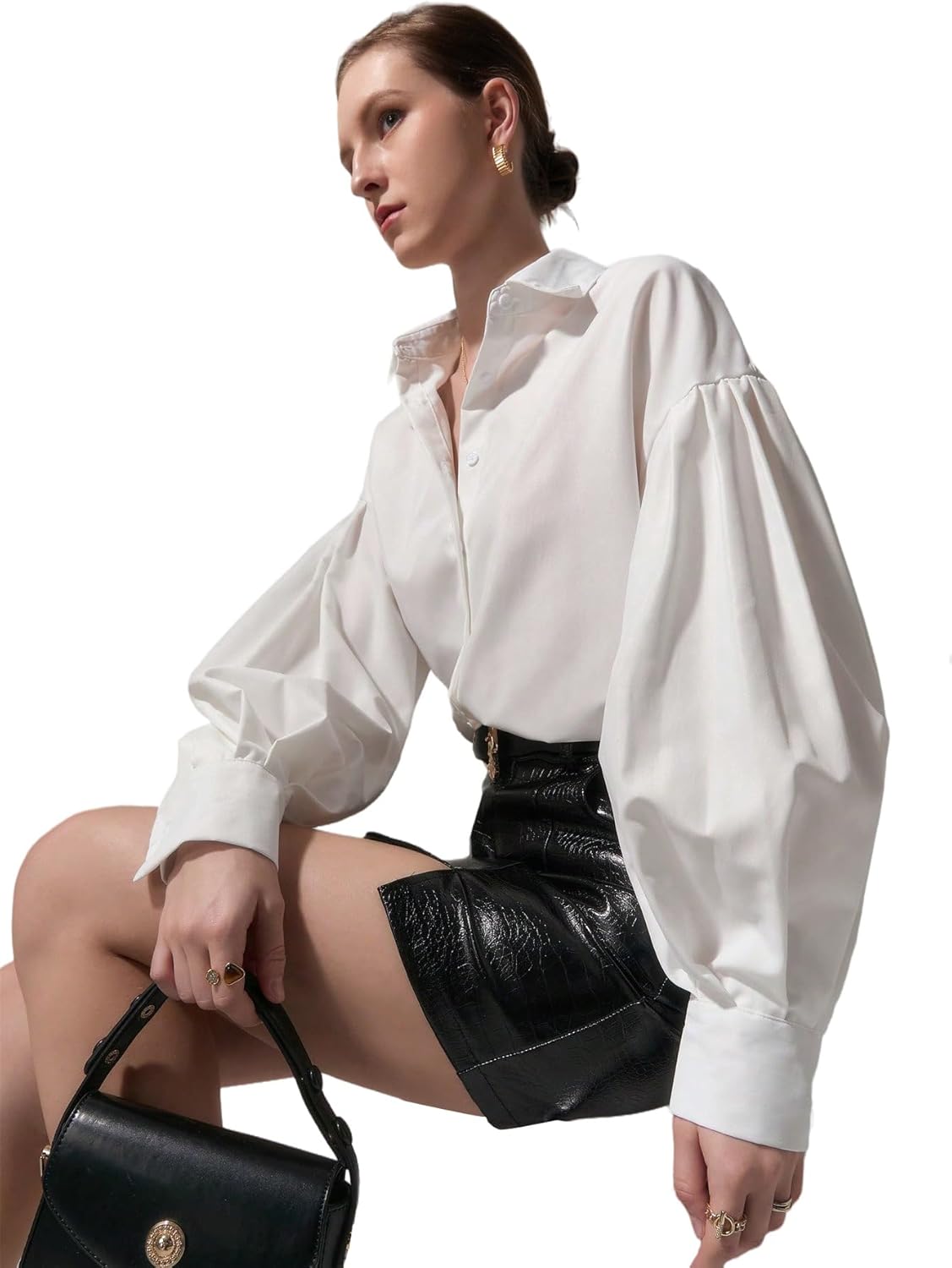 Women's Lapel Collar Button Down Lantern Long Sleeve Blouse Shirt Top - Image 7