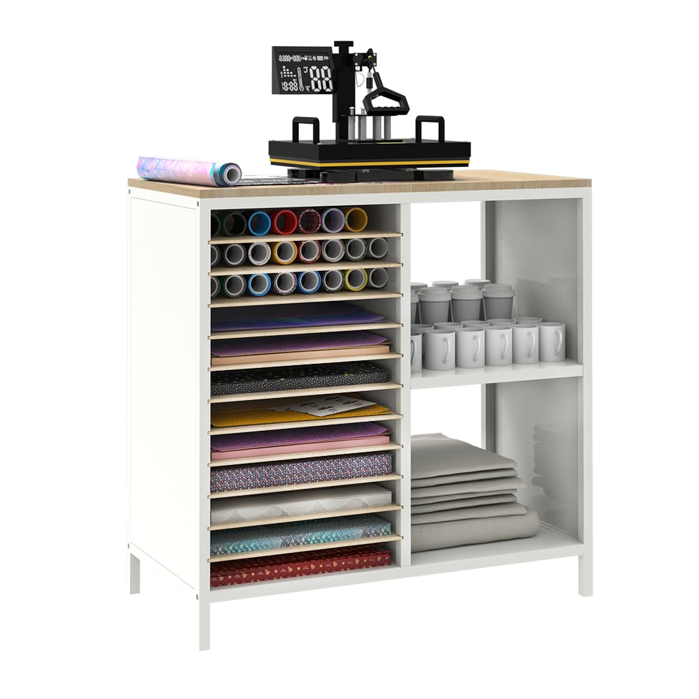 Mesa de prensa de calor para camisetas, banco de trabajo grande de 15,7 x 31,5 pulgadas, mesa de trabajo resistente para máquinas de prensa de sublimación de camisetas, escritorio ajustable todo en uno con soporte para rollo de vinilo, estante para almacenar papel