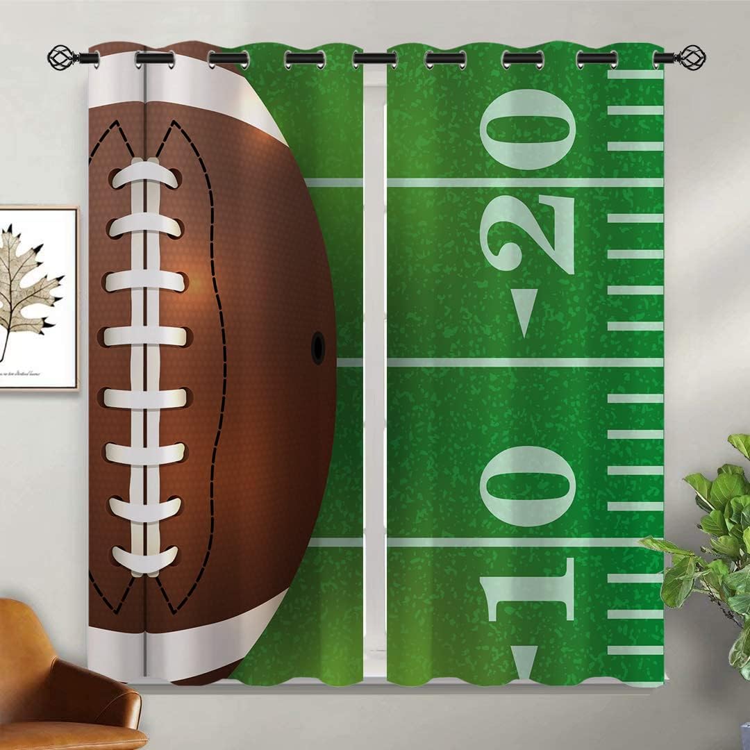 American Football Blackout Curtains for Girls Boy Home Decor, Game Sports Rugby Field Ball Grommet Thermal Insulated Drapes Darkening Window Curtain for Bedroom Living Room, 42 x 45 Inch