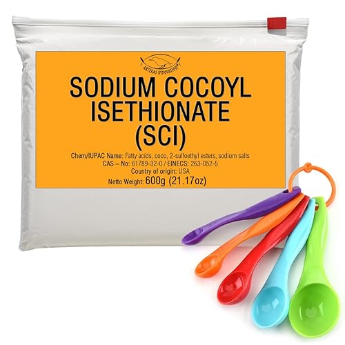 SODIUM COCOYL ISETHIONATE SCI - Polvo - para cosméticos caseros, barras de champú sólidas, bombas de baño - Incluye juego de 5 piezas con cucharas