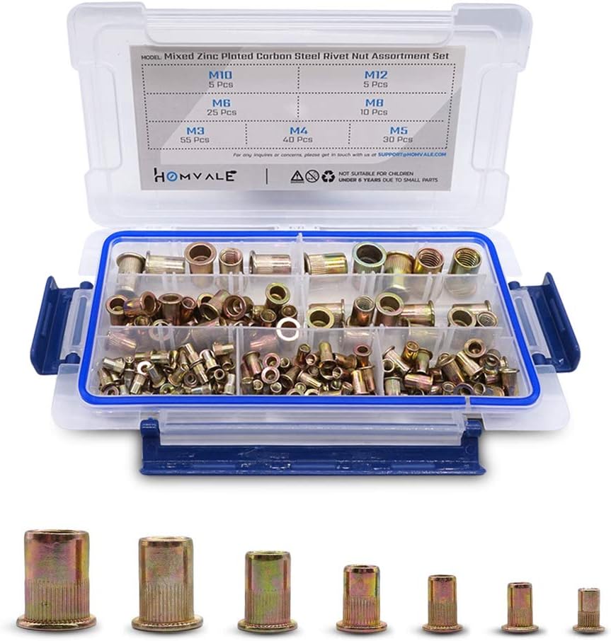 Metric Rivet Nuts 170 pcs, Zinc Plated Carbon Steel Rivnuts,Treaded Insert Nutsert M3 M4 M5 M6 M8 M10 M12