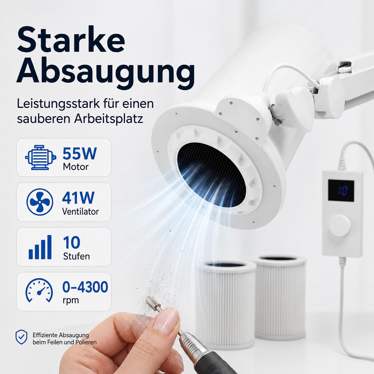 Nagelstaubabsaugung Nagelstaubsammler Maniküre Nagelstaubsammelmaschine Pediküre,110V~250V, 50/60HZ,55W,0-4300rpm(10 Gänge) in der Nagelkunst, Salon,Nagelkunstschule,Einkaufszentrum, Schönheitssalon