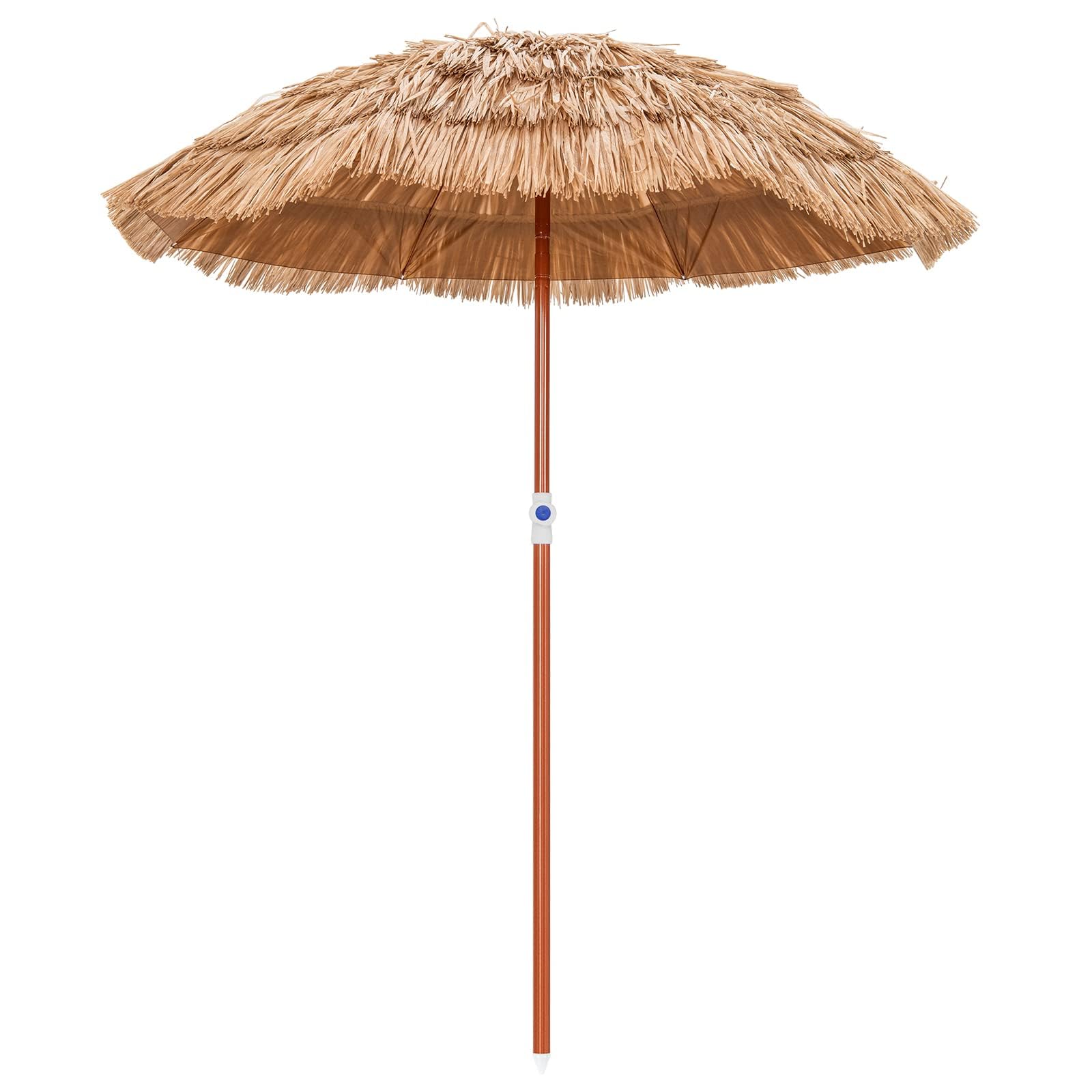 RELAX4LIFE Sombrilla Playa Ø175cm de Paja de PP con Inclinación y Altura Regulable 140-190cm, Sombrilla Tropical Hawaiana con 8 Varillas, Barra Desmontable y Bolsa de Transporte, Sin Base, Natural