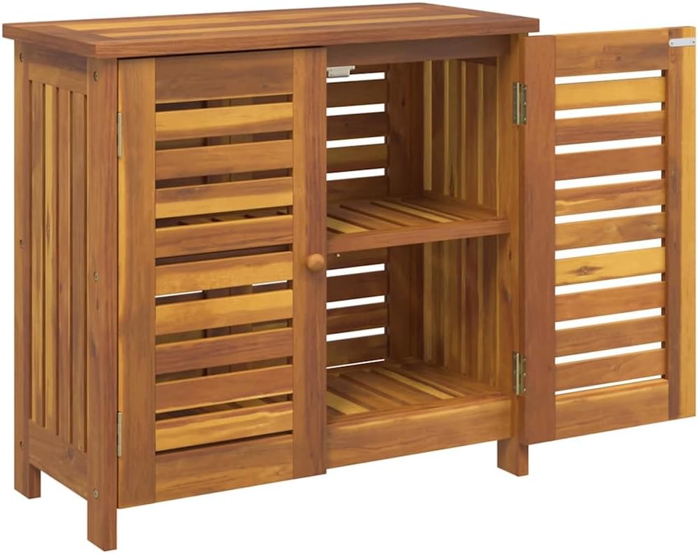 vidaXL Acacia Wood Garden Cabinet with both doors open, revealing two internal slatted shelves