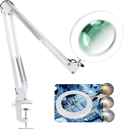 Lupa con luz y soporte, lente de vidrio real 5 pulgadas 5X, 3 modos de color, lámpara de escritorio LED regulable continua, luz de lupa de brazo