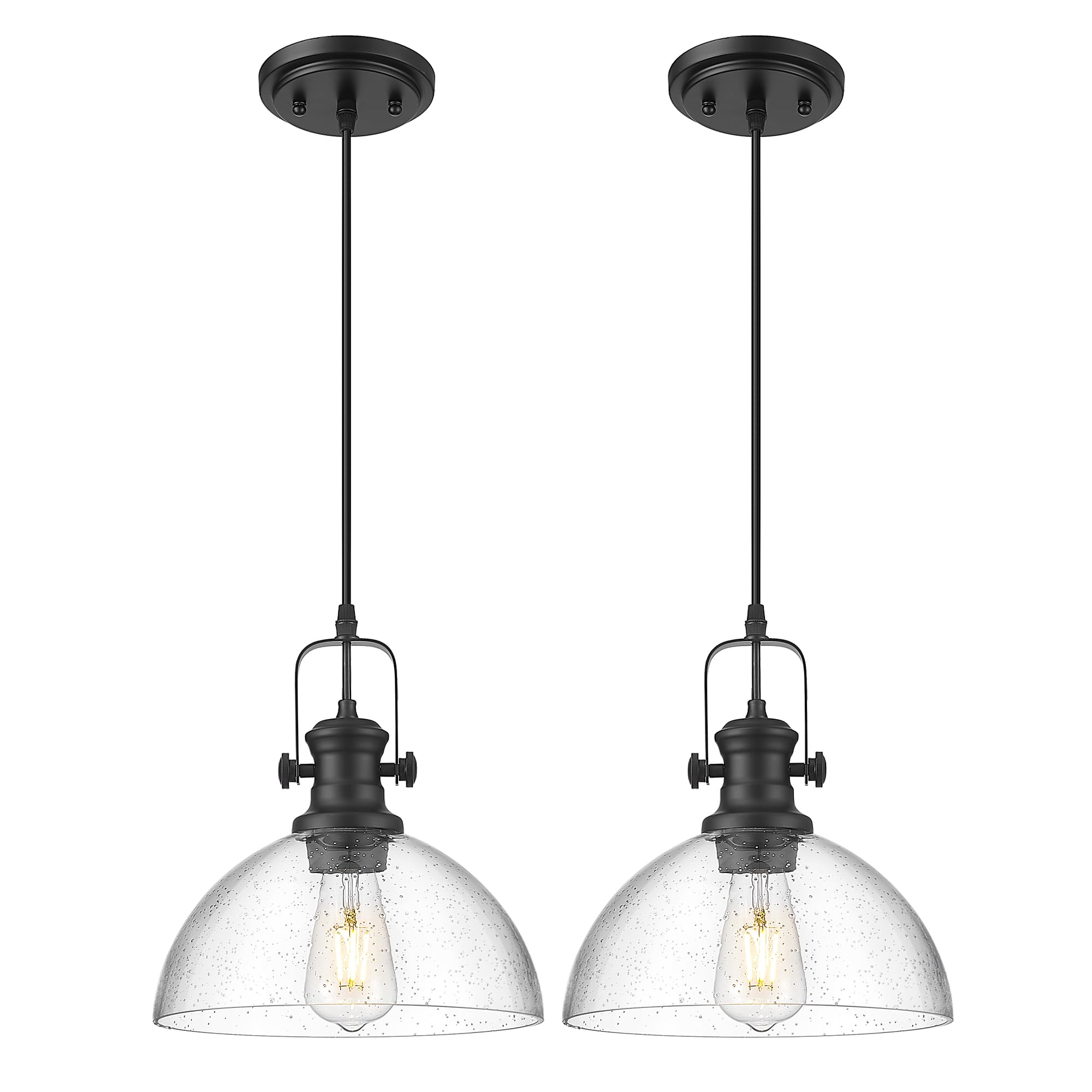 2-Pack Black Pendant Lights Kitchen Island, 10.5" Farmhouse Pendant Lighting with Clear Seeded Glass Shade, Vintage Hanging Light Fixtures for Dining Room, AD-22151-1P2L-BK