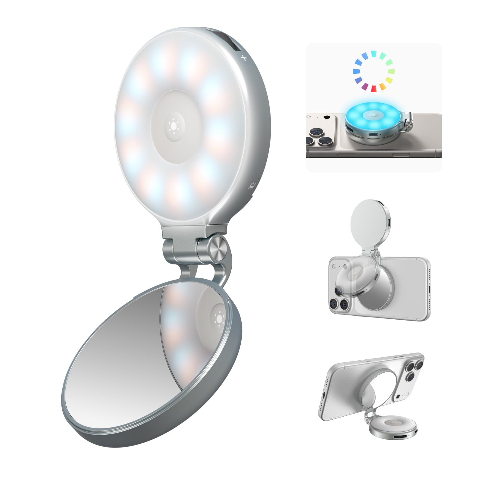 TELESIN Luce Selfie RGB Magnetica 4 in 1 per iPhone & Android, Luce Video LED 360° Ricaricabile con Specchio e CCT 2500K–7000K, Compatibile MagSafe, per TikTok, Vlog, Trucco, Fotografia, Streaming