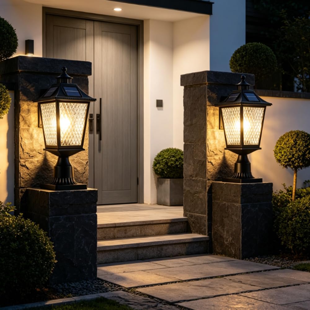 Zewnętrzna czarna lampa filarowa wodoodporna solarna lampa