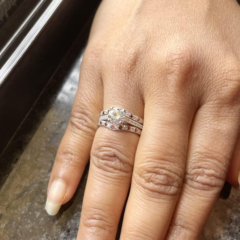 Round Cut Red Garnet & White Diamond Contour Curve Wedding Band For Women, 14k Gold Finish ladise Red Garnet Enhancer Guard Matching Band, Wrap Ring