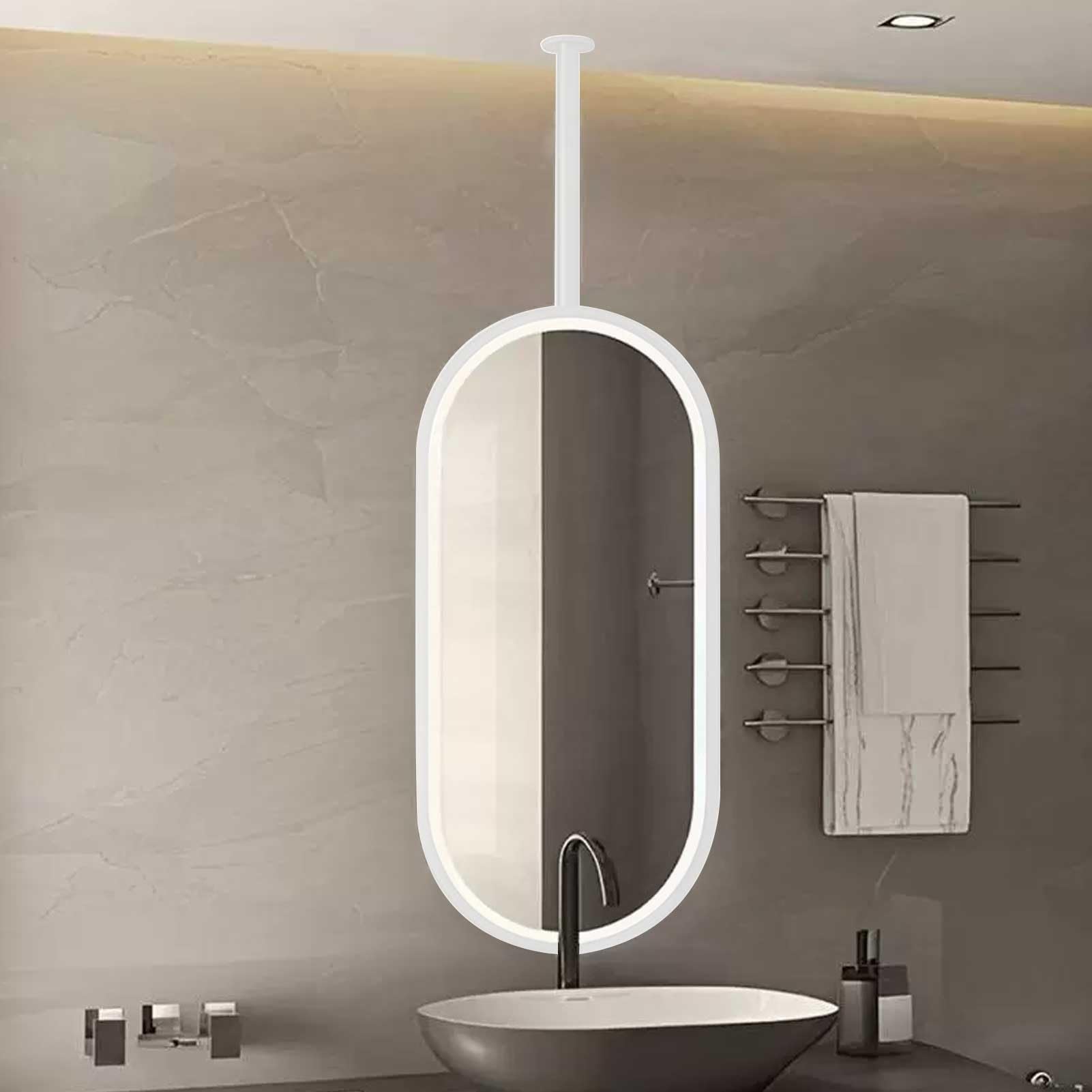 Oświetlane owalne lustro ścienne LED, 3 kolory, możliwość przyciemniania, metalowe podparcie, konfigurowalna dekoracja sypialni, białe, 60 x 100 cm, idealne do nowoczesnych wnętrz