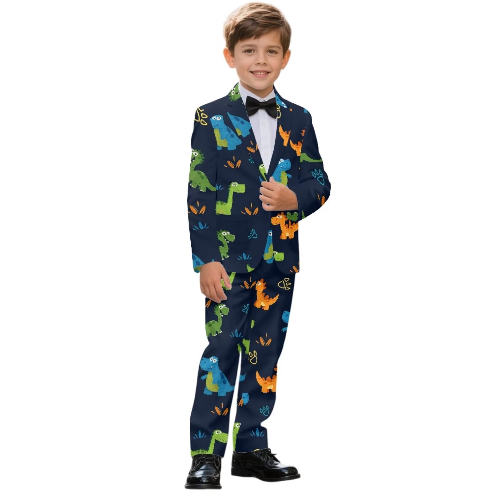 Biyejit 2-teiliges Anzug-Set für Jungen, mit einem Knopf, Blazer und Hose, lässige Smokingjacke, Alter 5–14 Jahre, Dinosaurier, 11-12 Jahre