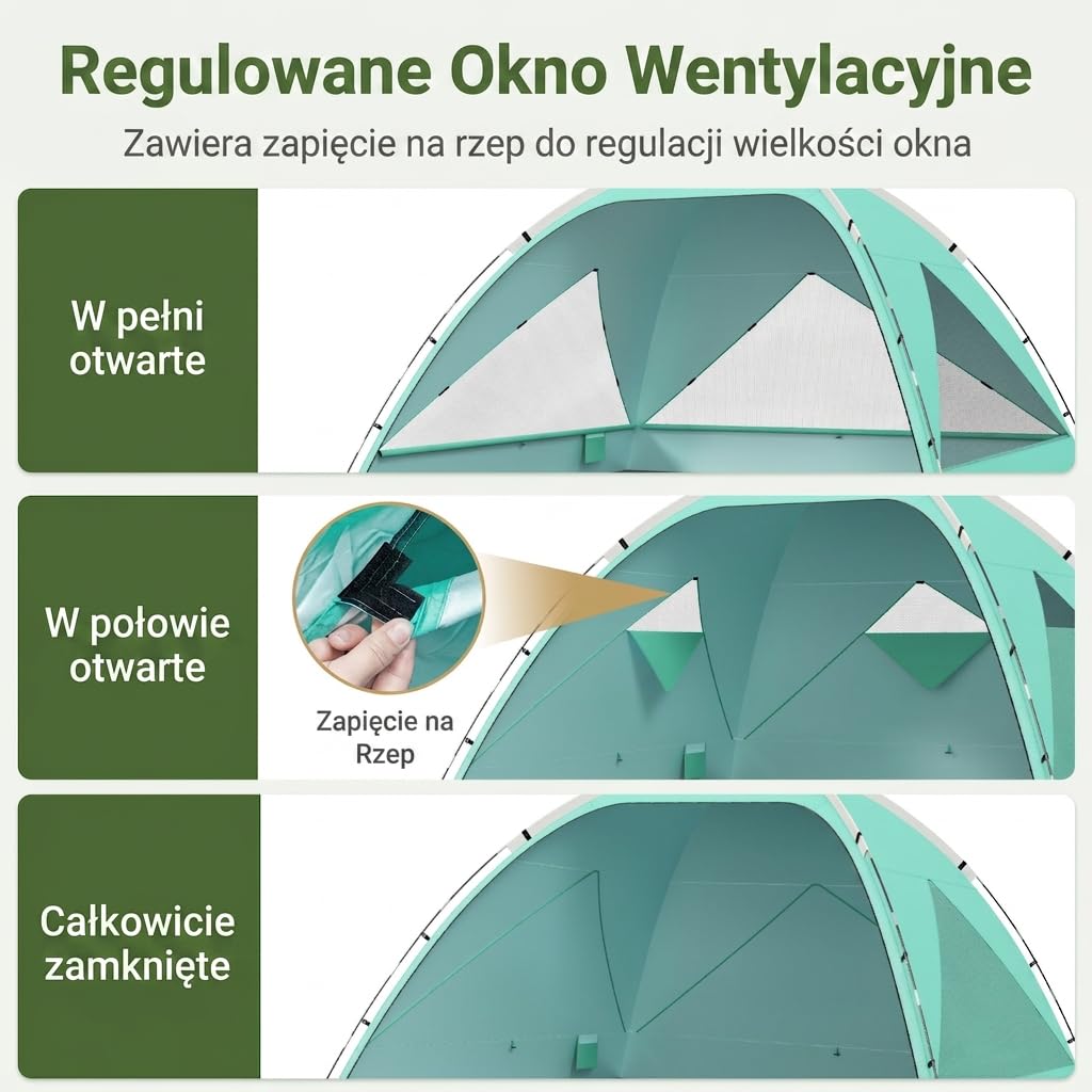 Wolfwise Namiot Plażowy UPF 50+ dla Rodziny, Osłona Przeciwsłoneczna z Filtrem UV, 3 Wentylowane Okna, Rozkładana Podłoga i Torba Transportowa, Pojemność 8 Osoby, Miętowy