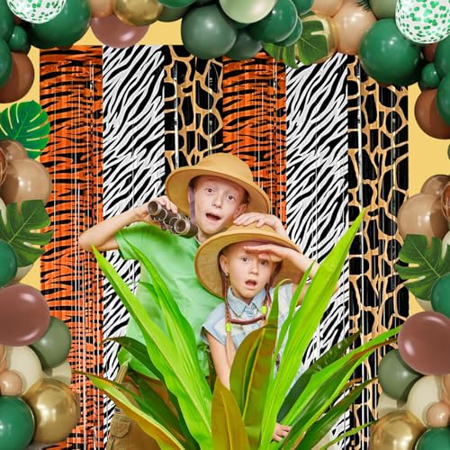 Image of Jungle Safari Balloon Arch Garland Kit Birthday Party Decorations, Animal Foil Fringe Curtains Backdrop Tinsel Streamers Banner Tropical Palm Leaves for Safari Themed Wild Party Decor Supplies Favors