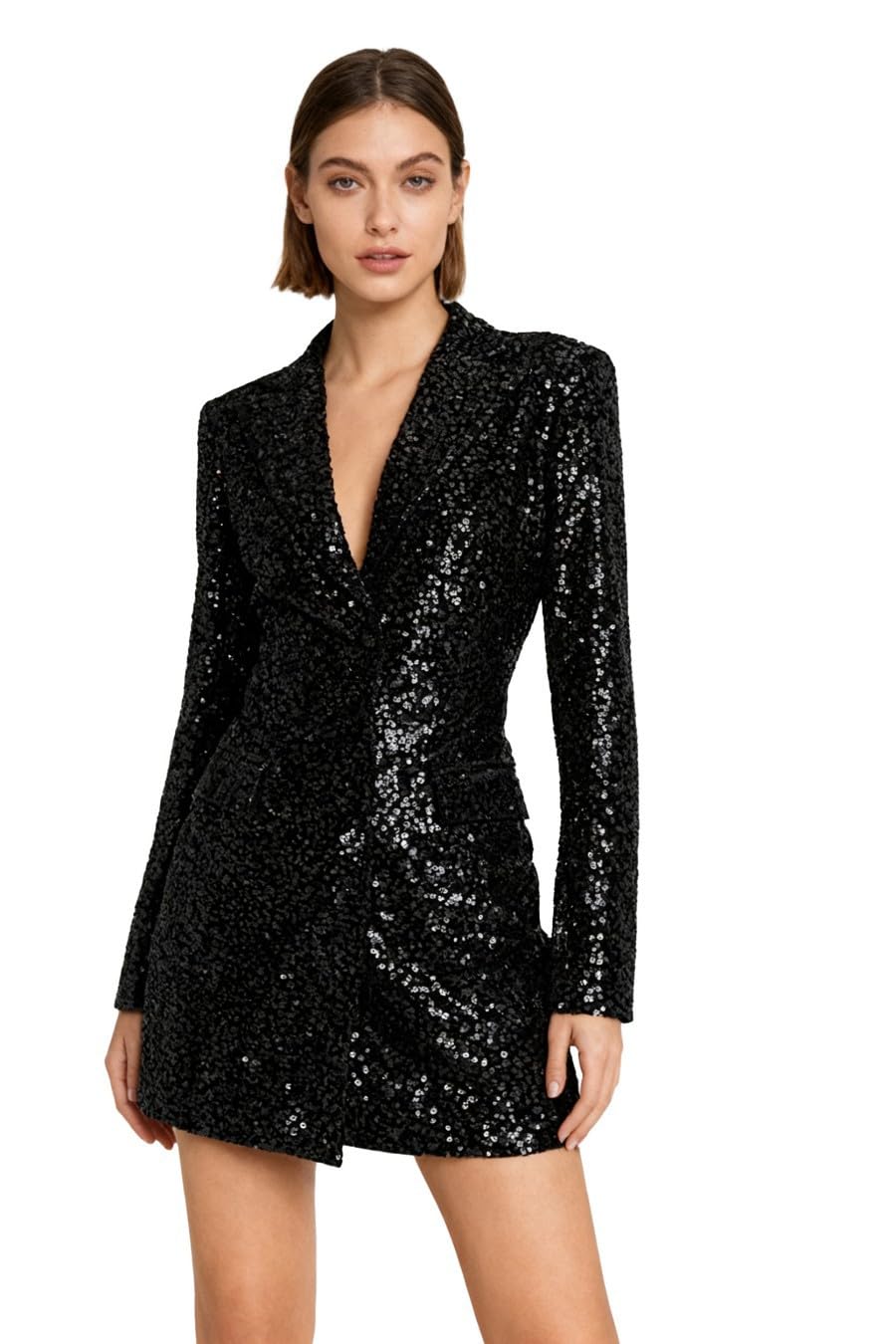 Womens Sequin Blazer Long Jacket Prom Party Jacket Notch Lapel Sequined Dresses Elegant V-Neck Coat