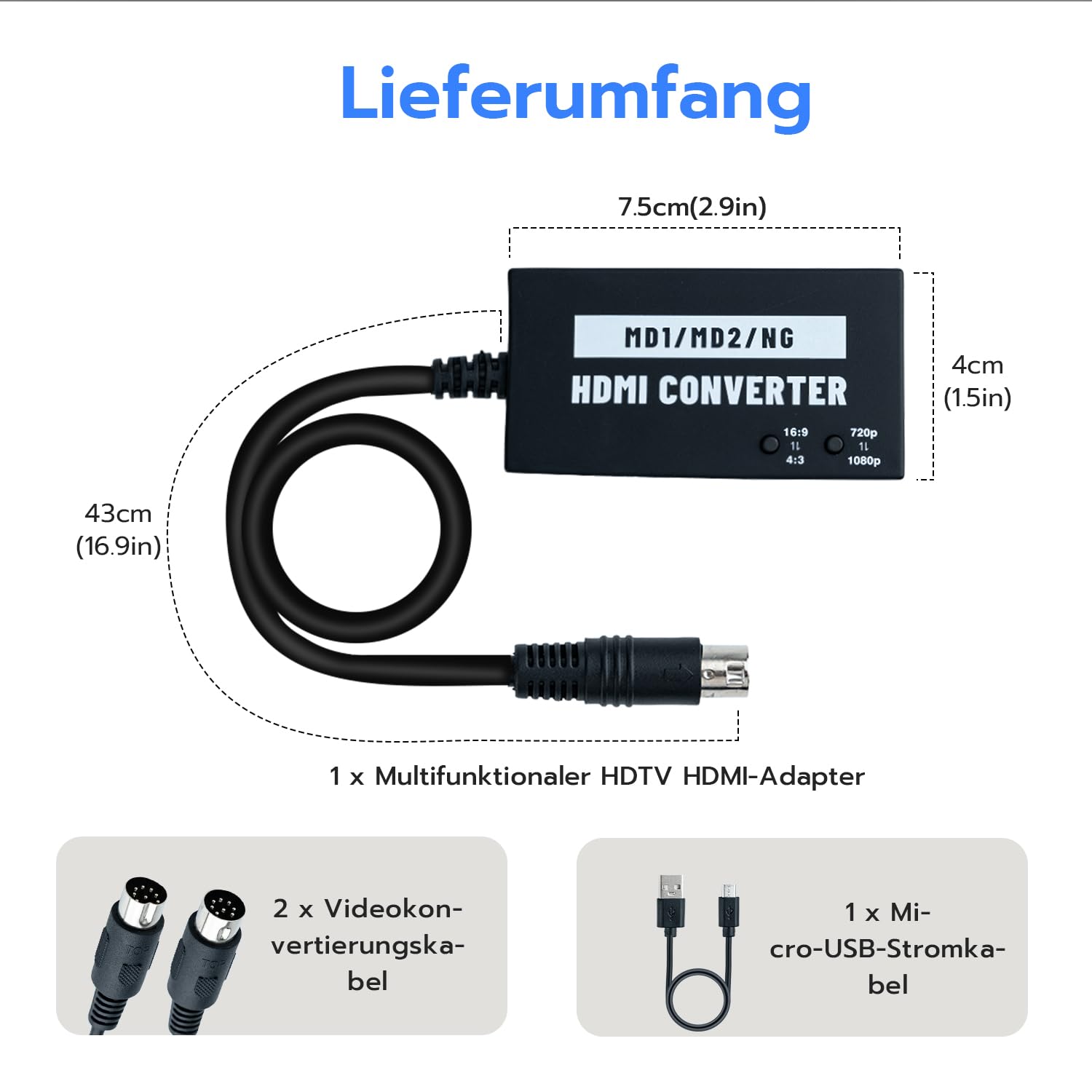 Mcbazel Nahtloser Mega Drive/NEOGEO HDMI-Adapter für HDTV, Multifunktions-Videokonverter 4:3/16:9, 720P/1080P für Mega Drive 1/Mega Drive 2/NEOGEO