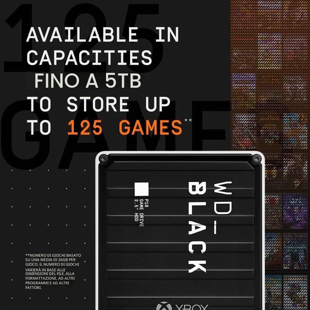 WD_BLACK P10 5 TB Game Drive per Xbox One per accedere sempre alla tua libreria di giochi , 1 mese Pass Ultimate
