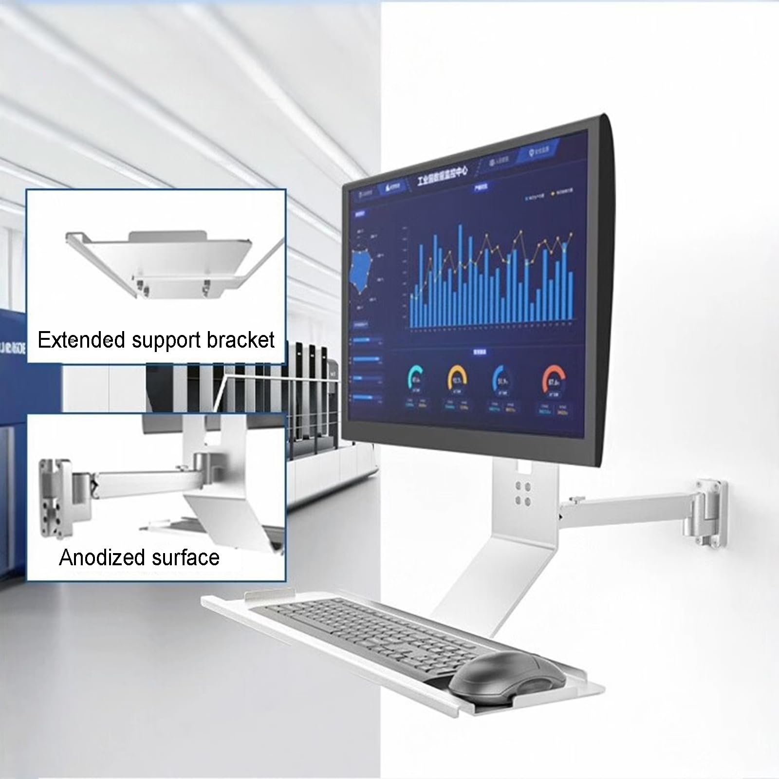 Supporto da Parete per Monitor E Tastiera, Braccio Porta Monitor, Postazione di Lavoro in Piedi/seduti, con Vassoio per Tastiera, Supporto per Schermo di Computer da 17" a 32"