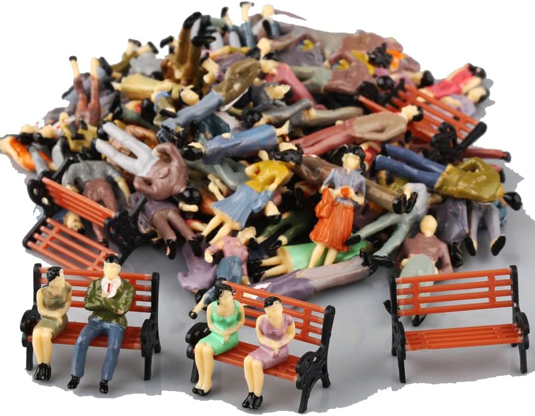 – 50 Pcs Seated Standing Pose People Figures, Small Painted Model People Passanger Figures, 1:50 Scale, With 6 Bench Train Railway Layout for Miniature Model Railway Trains Scenes
