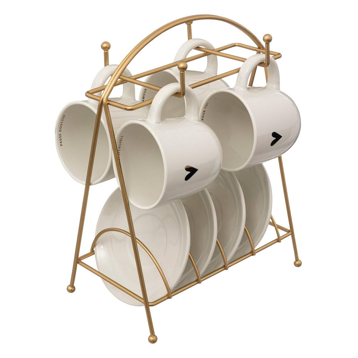 Secret De Gourmet - Set Di 4 Tazze Floreali In Porcellana Bianca Con Supporto In Metallo Nero, Perfetto Per Arredare La Cucina