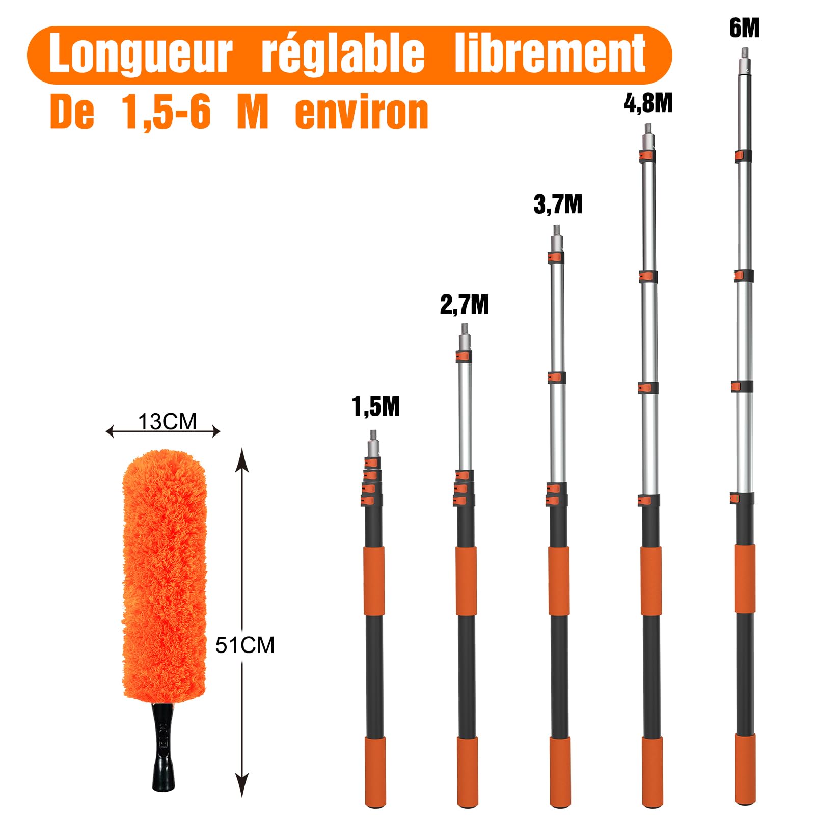 LAANPOLE Plumeau Poussiere avec 6m Perche Telescopique, Tete de Loup de Ventilateur de Plafond, 2-en-1 Raclette Vitre Professionnel