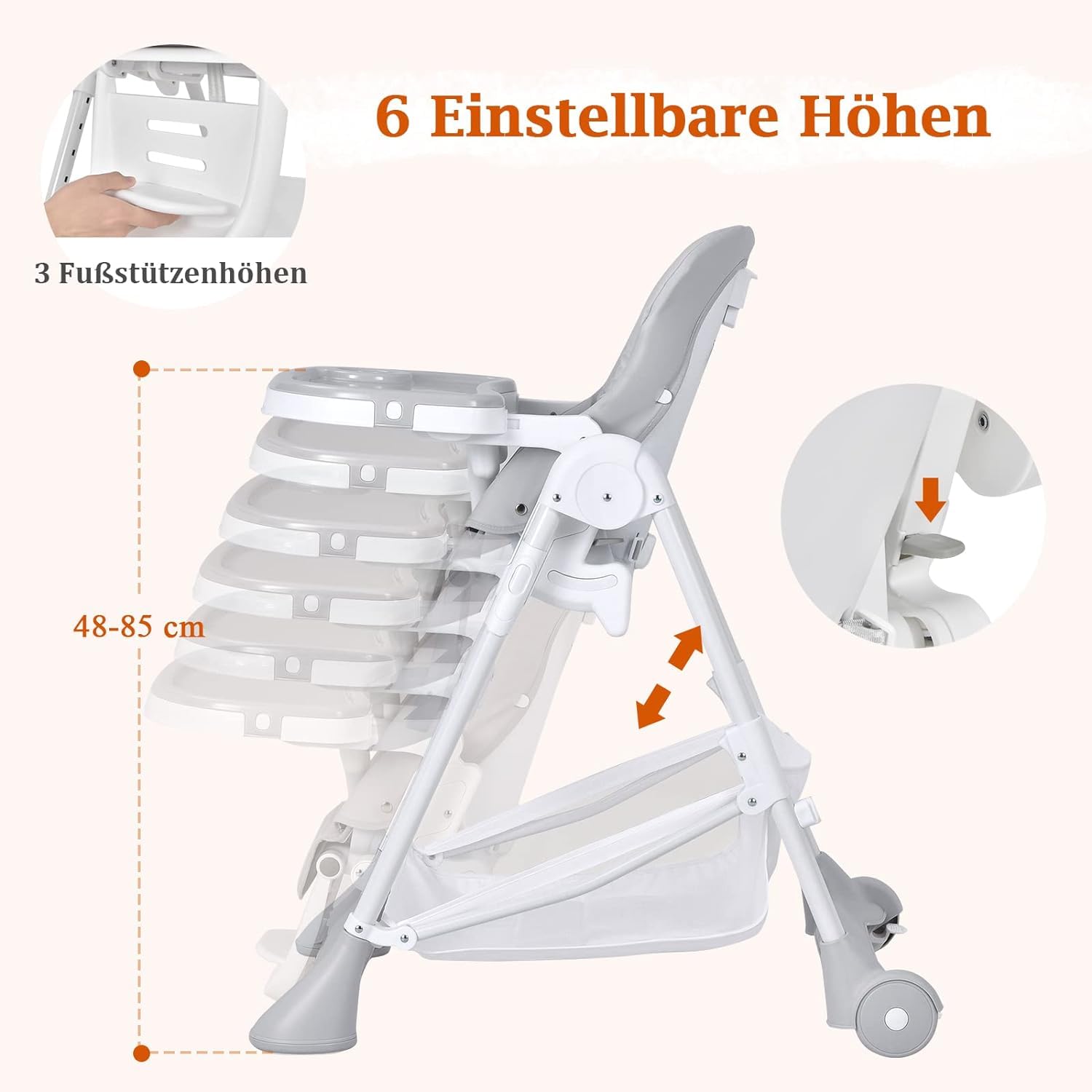 GOPLUS Trona Evolutiva Plegable Bebe para 6-36 Meses Hasta 15 kg, Silla Comer Portatil, 6 Niveles de Altura, 3 Ajustes de Reposapiés,5 Inclinaciones de Respaldo,Funda de PU, Cesta de Juguetes (Gris)