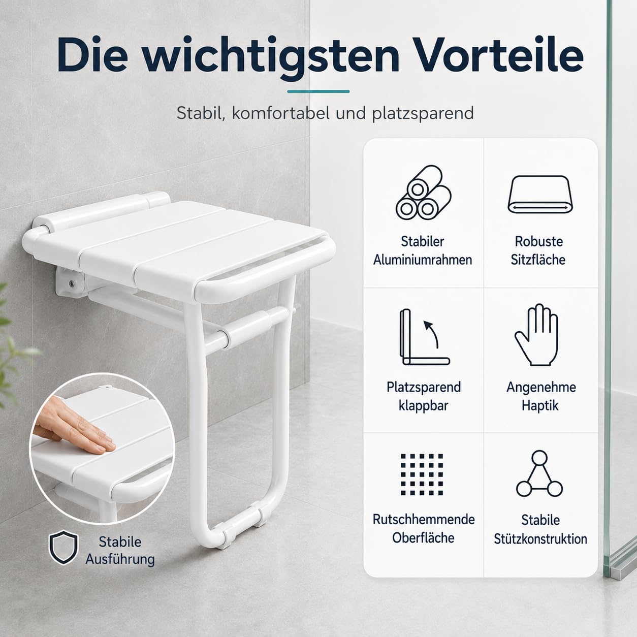 Asiento de Ducha Plegable, Taburete de Baño Antideslizante y Silla Abatible para Personas Mayores o con Movilidad Reducida, Banco para Bañera