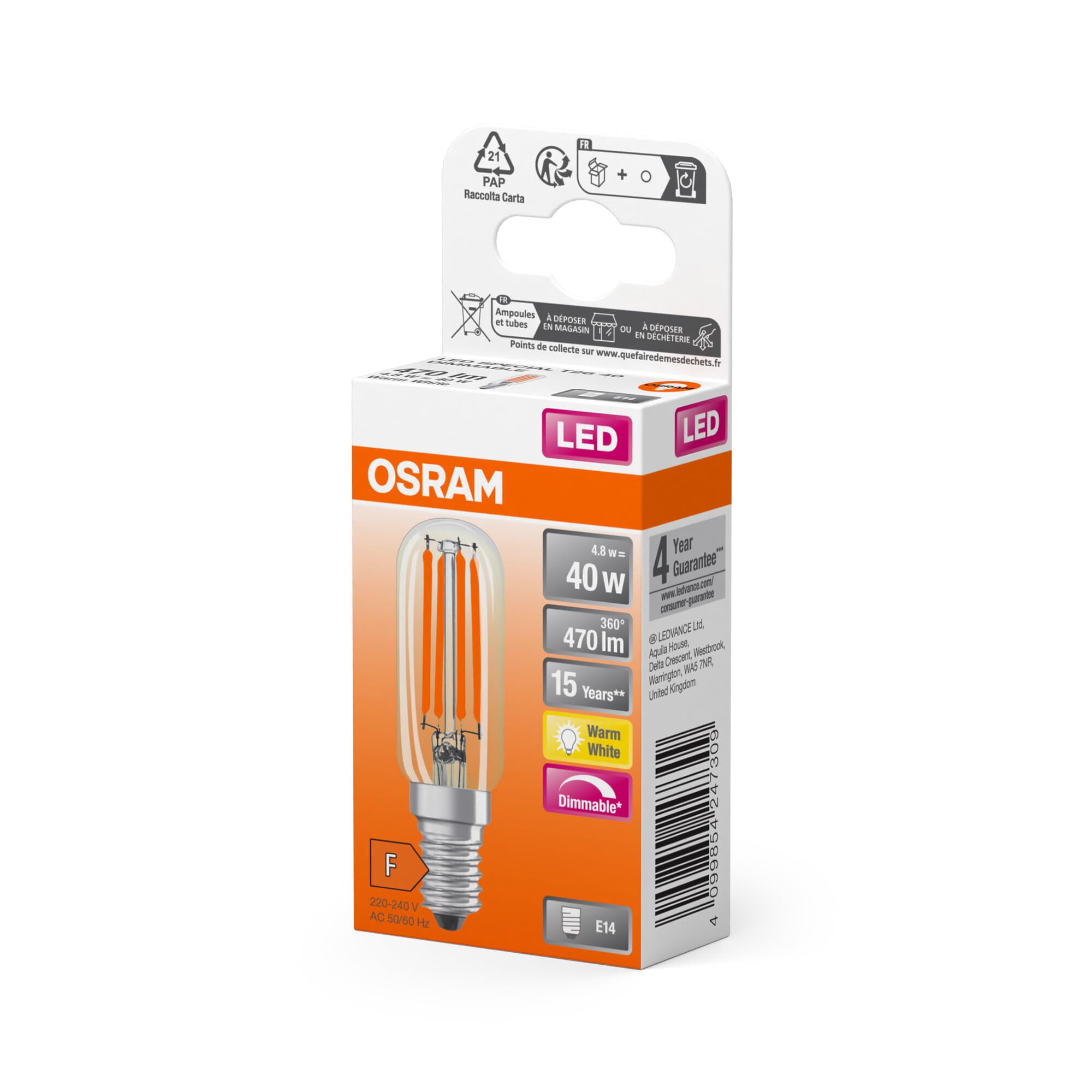 Osram LED Special LED-Lampe in Tropfenform, klar, multicolor, 4.8 W, 470 lm, 2700 K für warmweißes Licht, E14 Sockel, 25 mm Durchmesser, EEK F, dimmbar, 6-Pack