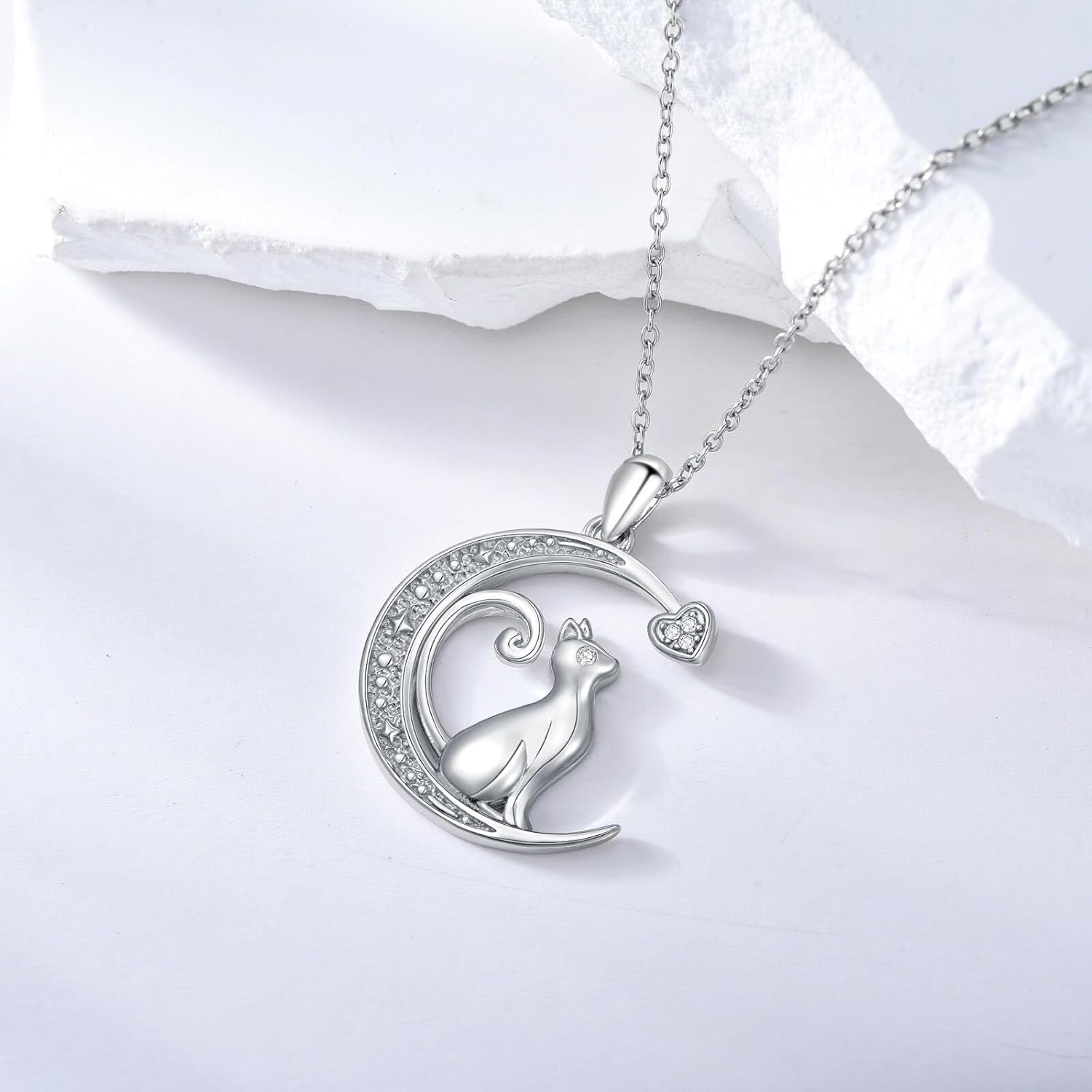 Diamond Cat Necklace 925 Sterling Silver Moon Cat Pendant Necklace Cute Animal Jewelry Gifts for Women Cat Lovers - Image 3