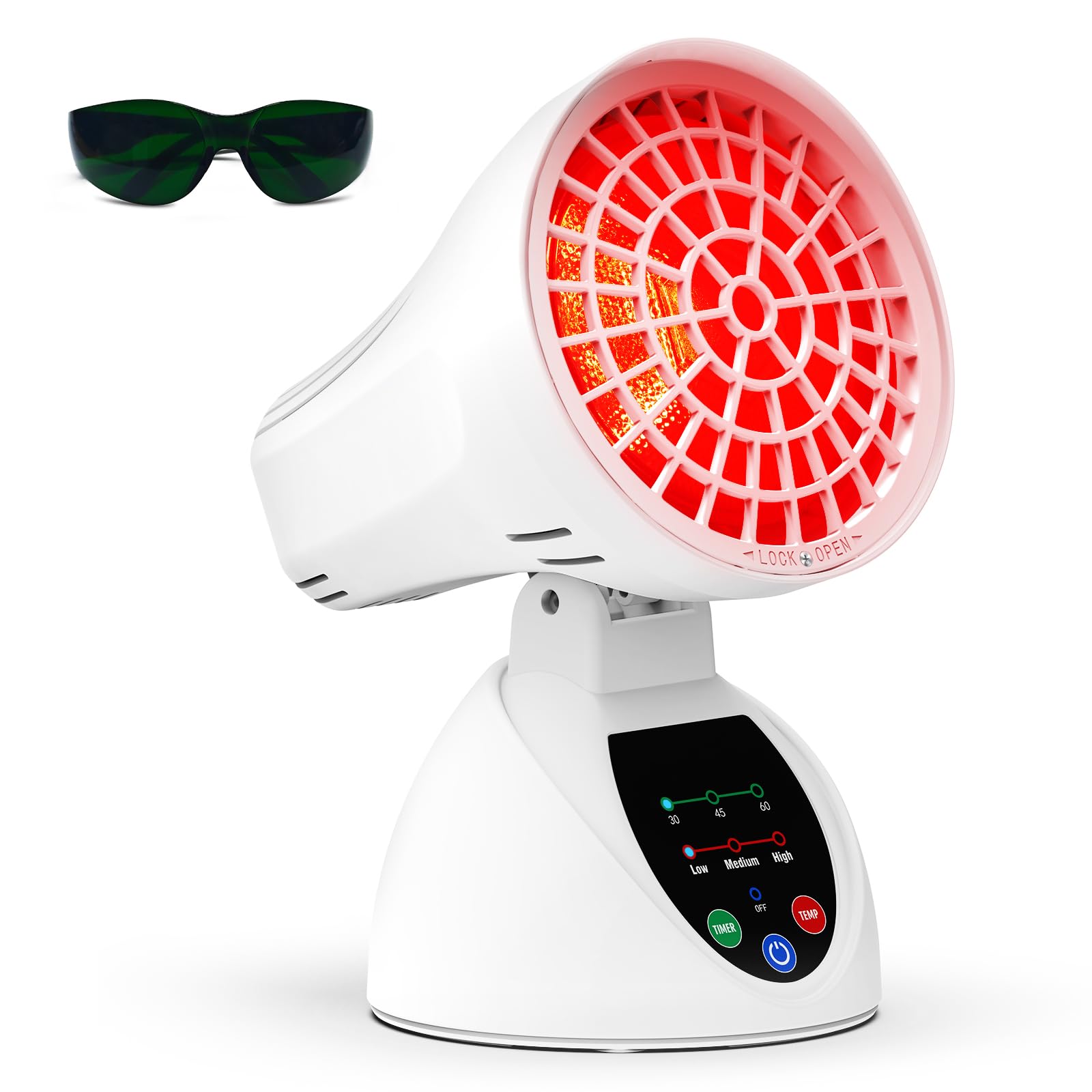 Rotlichtlampe 150W, Infrarotlampe mit 3 Temperaturstufen, 30/45/60 Min Timer, Winkelverstellbar, Kippschutz mit Automatischer Abschaltung für Büro & Zuhause