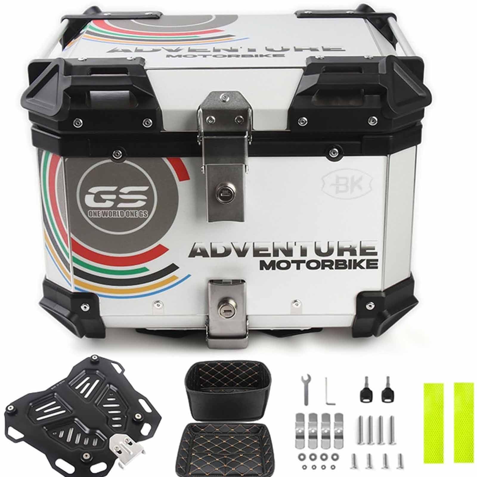 PixCy Baul Moto,Baúl De Aluminio Impermeable para Moto. Maleta Moto para Almacenamiento Casco. Caja De Motocicleta con Cerradura De Seguridad/Respaldo Y Placa De Montaje,Silver-55L