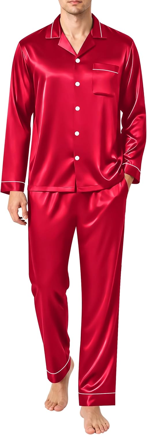 SWOMOG Men's Pajamas Set Silk Satin Long-Sleeve Pjs 2-Piece Soft Sleepwear