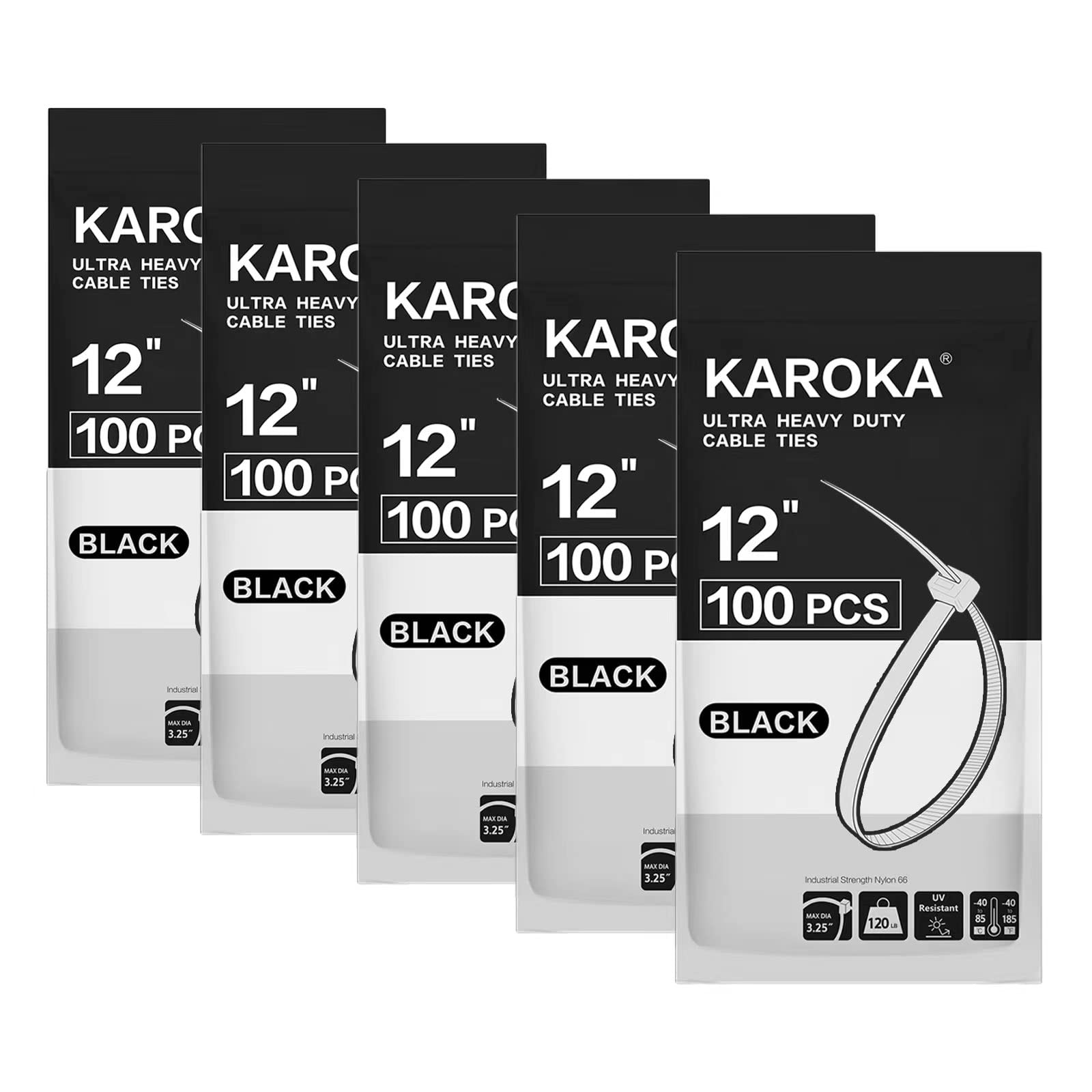 Karoka - Bridas resistentes de 12 pulgadas con resistencia a la tracción de 120 libras, color negro, resistente, 500 piezas